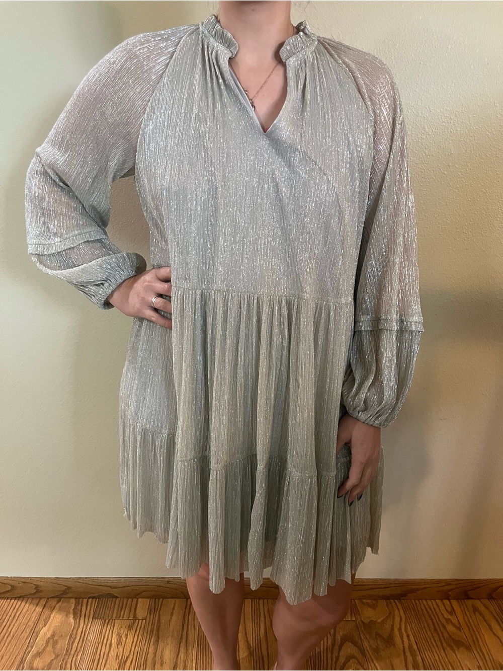 1. State Silver Shimmer Tiered Mini Dress